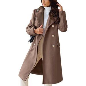Women's Khaki Winter Jacket Double-Breasted Wool Blend Warm Long Trench Coat
